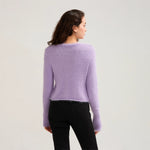 Fall Winter Women Button Down Cropped Knit Cardigan Solid Color Knitwear Fuzzy Long Sleeve V-Neck Loose Sweater