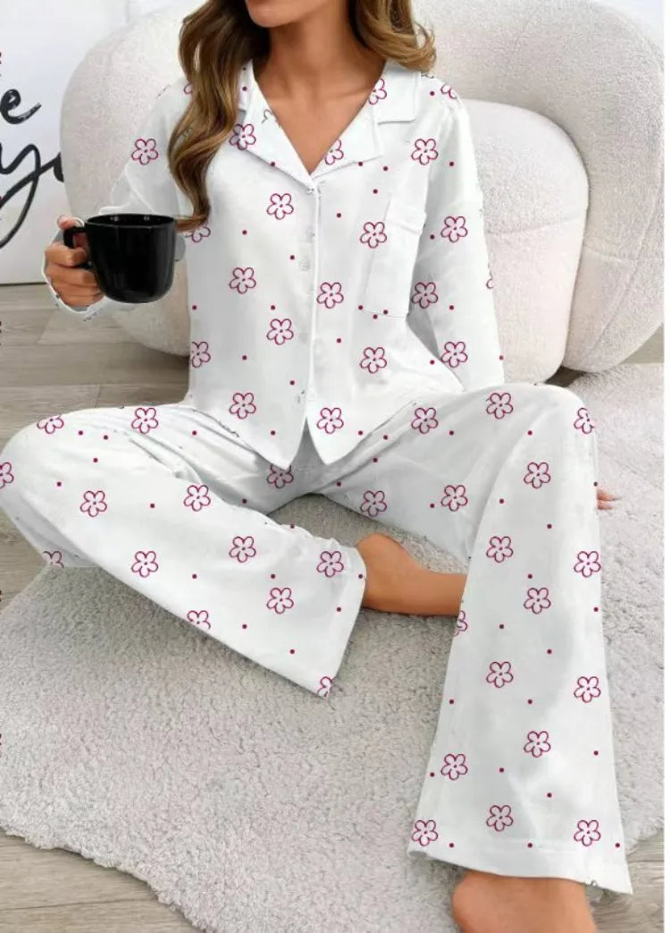 Autumn Winter Floral Printed 2 Piece Pajamas Set Women Soft Long Sleeve T-shirt Tops and Pants Homewear Nightwear Sleepwear