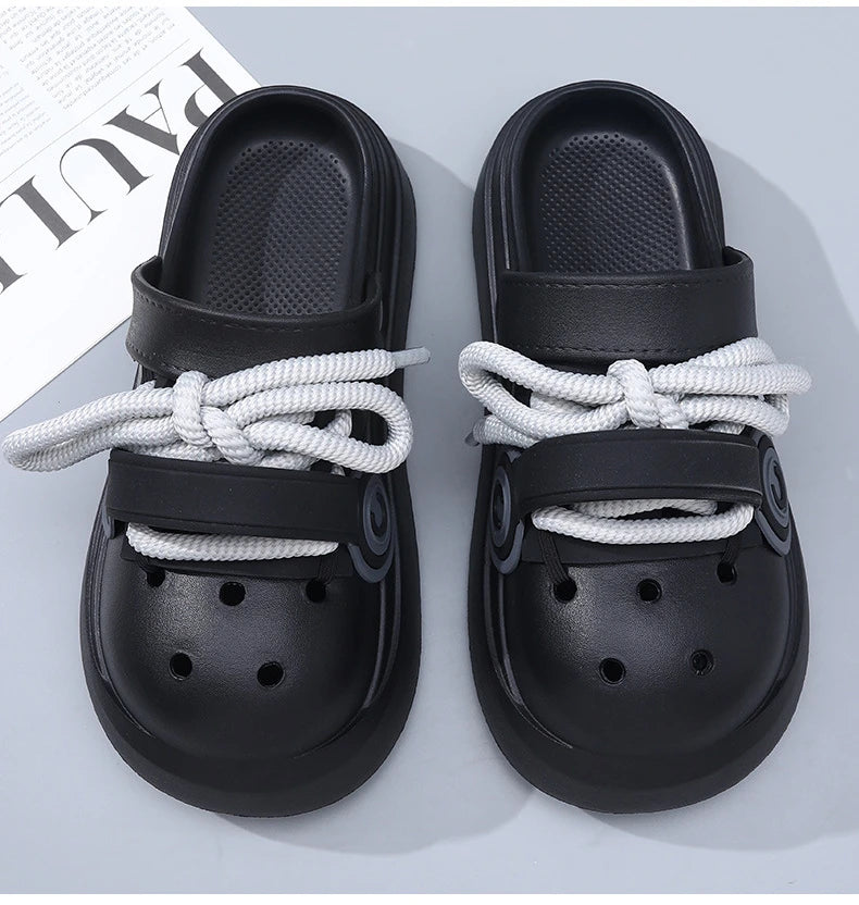 Women Summer Sandals Lace-up Style 2 Way to Wear Couples Fashion Platform Clogs Soft EVA Thick Sole Men Beach Street Slippers