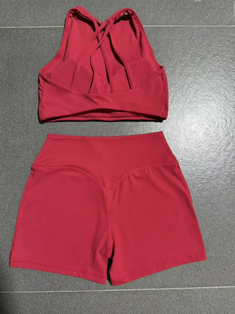 Women's Nude Yoga Sets Sports Cross Beauty Back Bra Hip-lifting Slim Fit Shorts Suits Running Fitness Workout Gym Sets