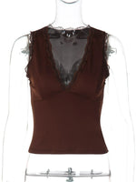 FDYOUI Deep V-neck Sleeveless Tank Tops Y2K Woman Clothes 2026 Summer Lace Patchwork T-shirt Girls Slim Corset Top Streetwear