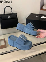 Women Punk Lazy Platform Sandals Buckle Design Garden Shoes Roman Street Slippers Flip Flops Denim Blue Outdoor Beach Shoes