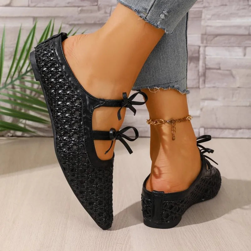Comfortable Hollow Weave Women Mules Slippers Fashion Bow Decorative Brand Slide Sandals Elegant Non-slip Outdoor Beach Sandals