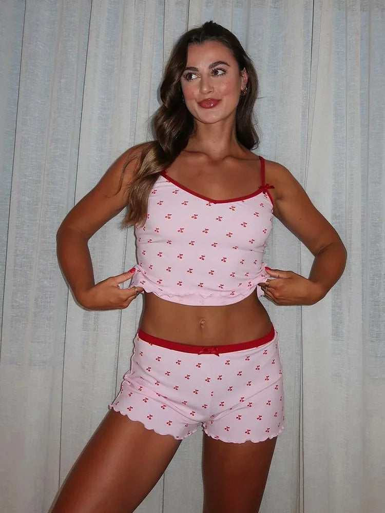 2026 New women's two-piece set of cherry printed sleeveless vest shorts soft and comfortable home suit set sweet pajamas Y2K Hot