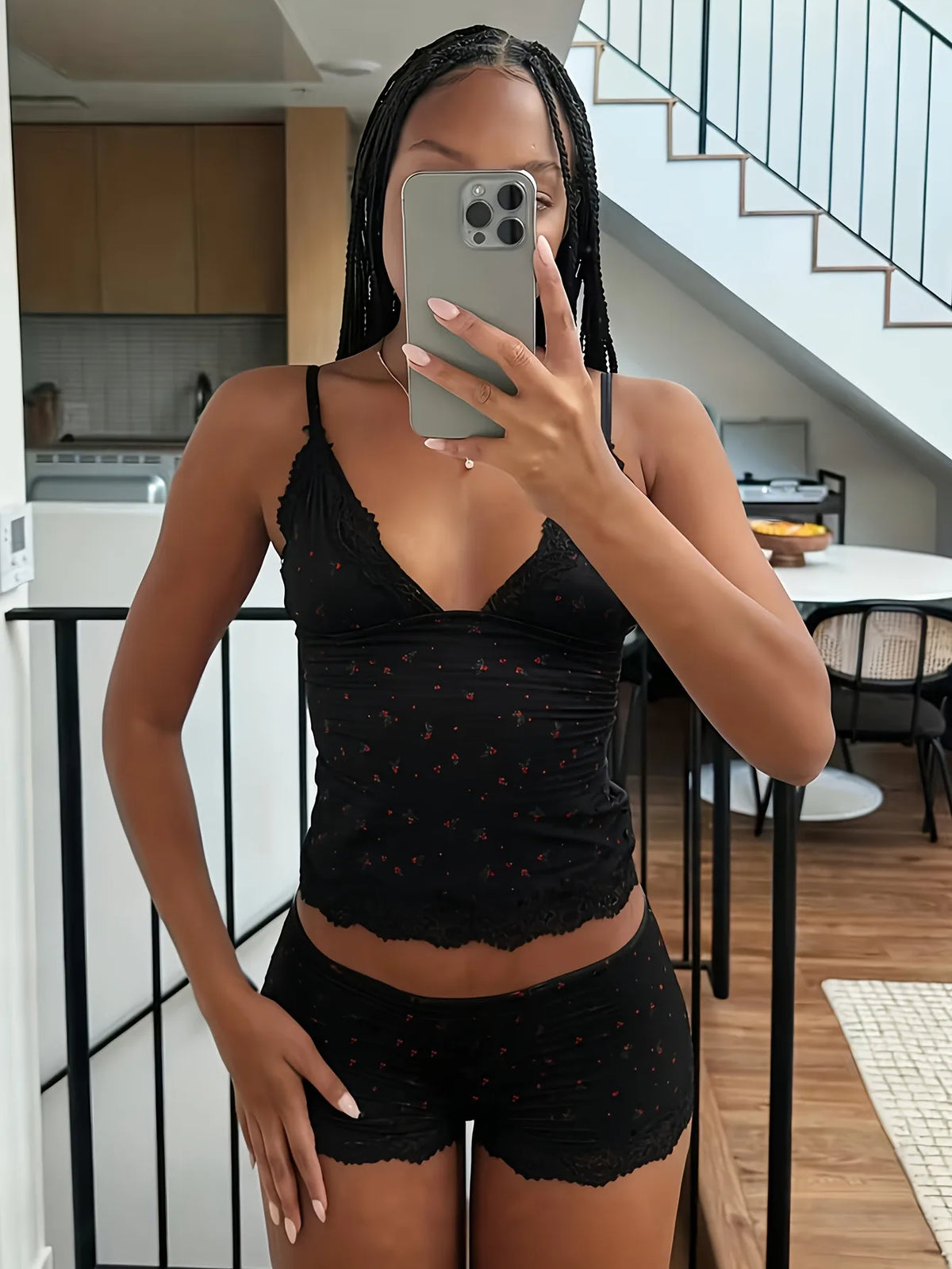 Women Pajama Set 2 Piece Floral Lace Trim Camisole Top and Shorts, V Neck Adjustable Strap Summer Sleepwear