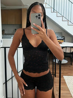 Women Pajama Set 2 Piece Floral Lace Trim Camisole Top and Shorts, V Neck Adjustable Strap Summer Sleepwear