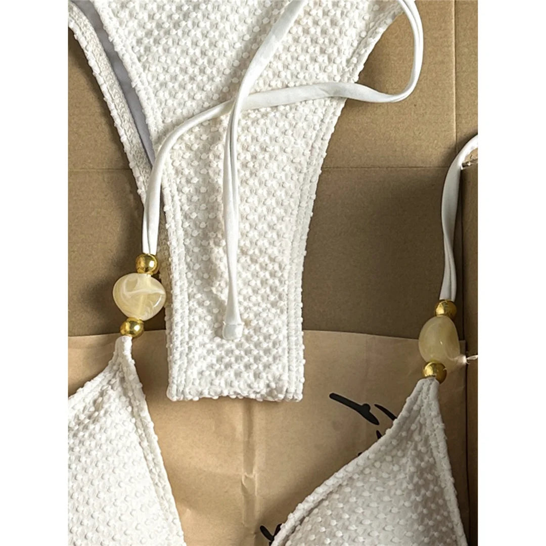 Wrinkled Crinkled Halter Bikini Female Swimsuit Women Swimwear Two-pieces Bikini set Brazilian Bather Bathing Suit Swim V8134