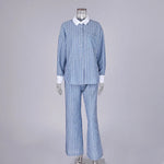 Women Autumn Winter Color Block Striped Pajama Set Skin Friendly Loose Long Sleeve Pants Two Piece Ladies Homewear Sleepwear