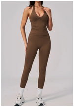 Summer Seamless Yoga Sets Women V Neck Slim Sports Tank Top Fitness Suit Peach Hip High Elasticity Leggings Running Tracksuit