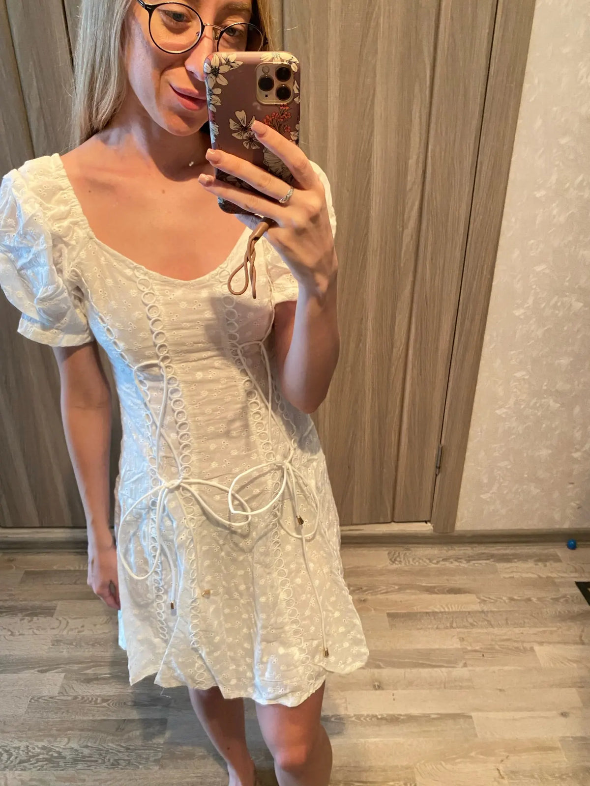 White lace embriodery summer beach dress women elegant hollow out lace up short dress off shoulder puff sleeve sheer dress 2025