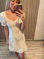 White lace embriodery summer beach dress women elegant hollow out lace up short dress off shoulder puff sleeve sheer dress 2025