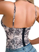 Pink Black Floral Print Sleeveless Corset Top With Detail Straps Bustier Blouse For Women Stylish Casual Party Outfit Charm SS9Z