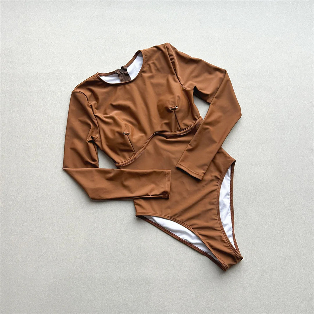 2026 Long Sleeve With Zipper Solid Women Swimwear One Piece Swimsuit Female Padded High Leg Cut Bather Bathing Suit Swim V7752
