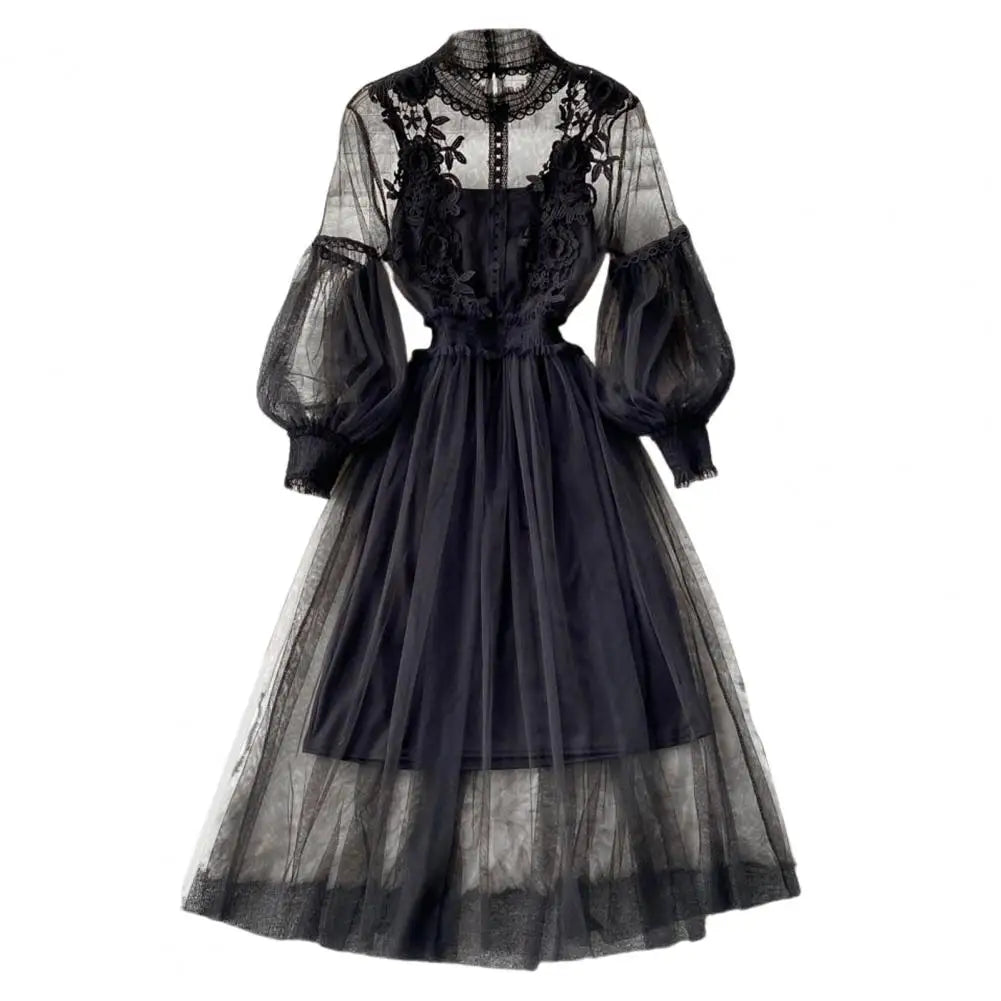 2 Pcs/Set Women Dress Suit Floral Embroidery See-through Lace Lantern Sleeves Pleated A-line Elastic Waist Dress Slip Dress Suit