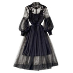 2 Pcs/Set Women Dress Suit Floral Embroidery See-through Lace Lantern Sleeves Pleated A-line Elastic Waist Dress Slip Dress Suit
