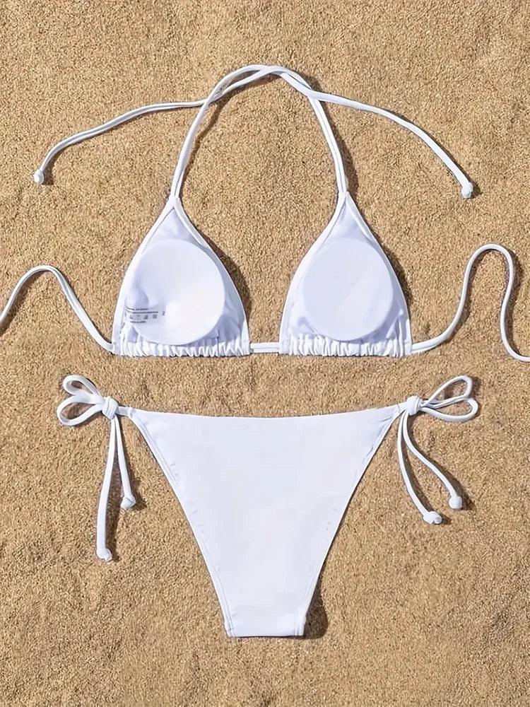 New Women Swimsuit Ribbed Backless Pads Bikini Set Halter Triangle Bra Side Tie Thong Swimwear Beachwear Lady Bathing Suit