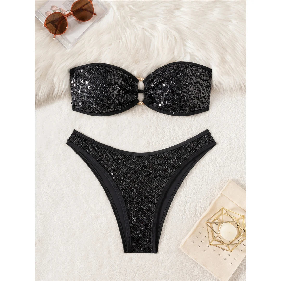 Sequins Shiny Bling Bandeau Bikini Female Swimsuit Women Swimwear Two-pieces Bikini set Brazilian Bather Bathing Suit Swim K7311