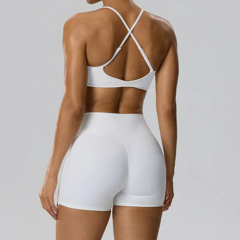STOUREG Women 2 Piece Yoga Workout Set Adjustable Strap Twist Back Sports Bra Peach Hip Yoga Shorts Fitness Gym Outfit