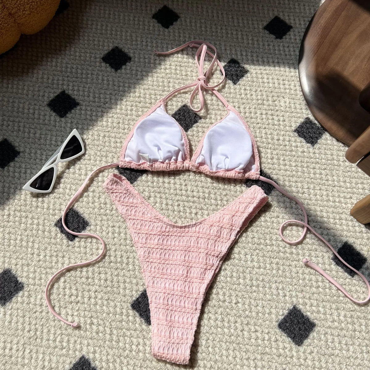 Sexy Knitted Hollow Handmade Crochet Bikini Set Women Pink Bandage Criss Cross Micro Swimsuit Bathng Suit Thong Swimwear