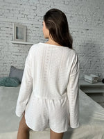 Womens Pointelle Knit Loungewear Set Casual Hollow Out Long Sleeve Crop Top and Shorts Two Piece Outfits Y2K Summer Homewear New