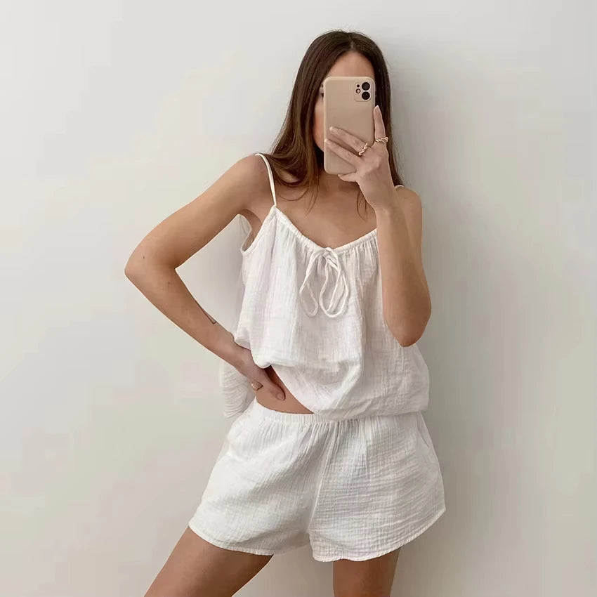 Summer New Women's Pure Cotton Pajamas and Shorts Two-Piece Set Casual and Comfortable Home Wear Pure Cotton Suspender Y2K Hot