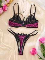 Sweet and cool rose-pink leopard print floral embroidery lingerie set - Hot girl style mesh 3/4 cupped bra thong set ZA825183