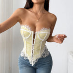 Y2K Street Tank Top Women Summer Lace Front Embroidery Floral Buttom Push Up Underwire Strapless Bandage Fishbone Vest