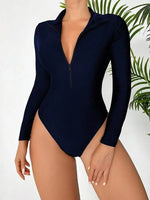 Vintage Black Swimwear Women Large Size 2026 Front Zipper Long Sleeve Slim Surf One Piece Swimsuit Beach Bathing Suit Monokini