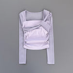 Women Square Neck Mesh Long Sleeve Yoga Top Shoulder Twist Side Ruched Soft Breathable Fitness Sports Tee ****