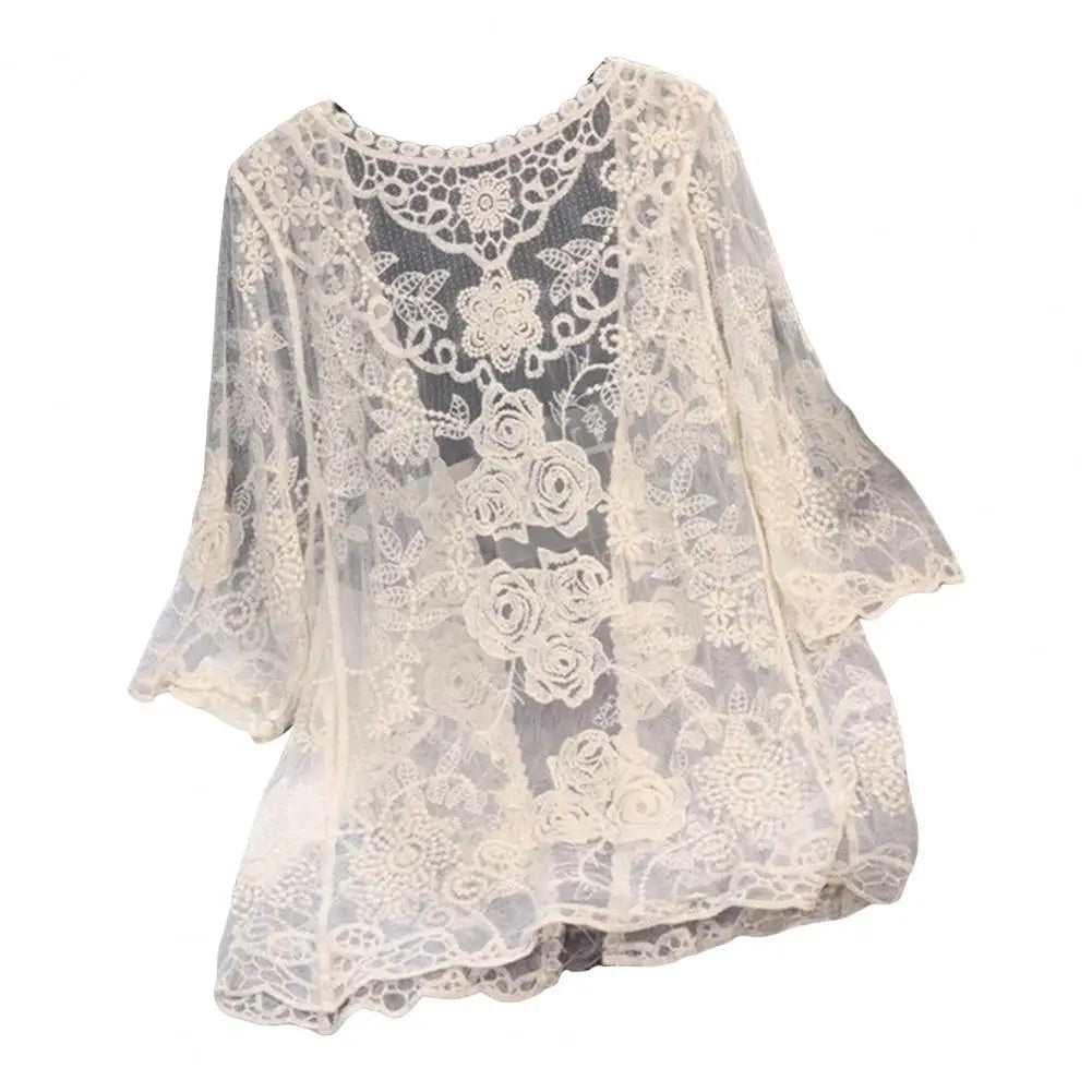 3/4 Sleeve Hollow Out Open Front Sheer Sweater Crochet Cardigan for Women Lightweight Boho Summer Beach Knit Shrug
