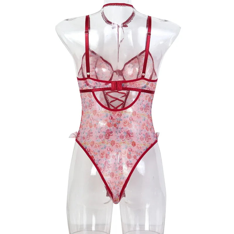 Toucheart Sexy Women Lace Backless InterestingBabydoll Bodysuit Wrap Dress High Waisted Printing Bow KnotBabydoll Bodysuit