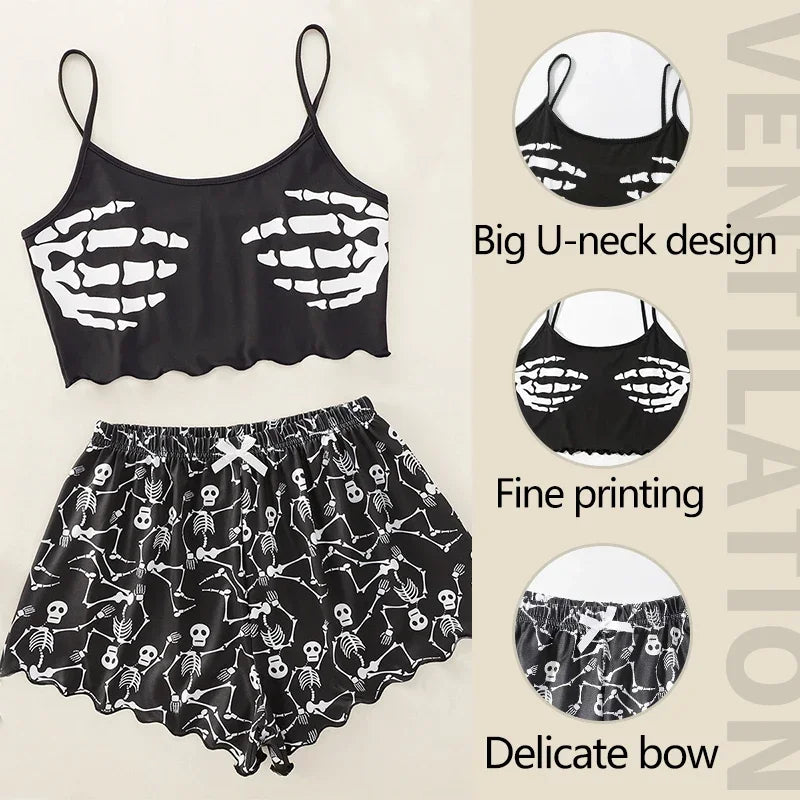 Women Sleepwear 2 PCS Pajama Set Short-Sleeved Tops and Shorts Suit Black Skull Print Soft Comfort Halloween Loungewear