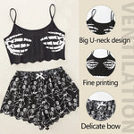 Women Sleepwear 2 PCS Pajama Set Short-Sleeved Tops and Shorts Suit Black Skull Print Soft Comfort Halloween Loungewear