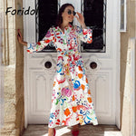 Foridol Casual Button Up Shirt Dress Maxi Long Women Dress Robe Floral Print Green Boho Autumn Winter Sash Laides Dress 2025