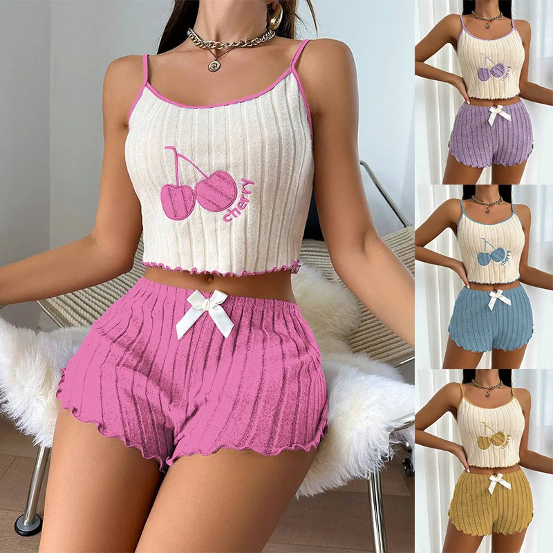 New Womens Summer Brushed Pajama Set Cute Y2K Embroidered Cherry Ribbed Cami Top Ruffle Shorts Two Piece Loungewear Sleepwear