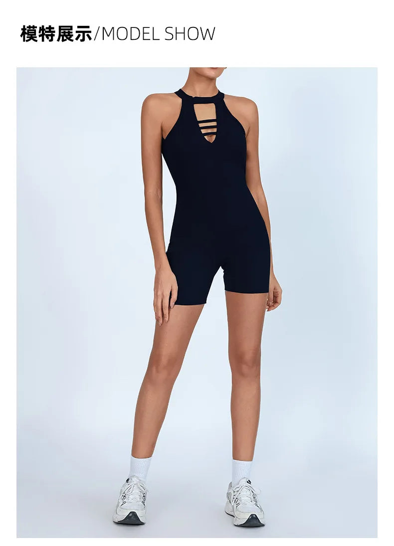 Sexy Fitness Yoga Jumpsuit Women Hollow V Neck Tight Backless Sports One Piece Suits Quick Drying Sleeveless Scrunch Romper