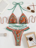 Floral Print Halter Ruffle Frilled Bikini Women Thong Swimwear Female Swimsuit Two-pieces Bikini Set Bathing Suit Swim Beachwear