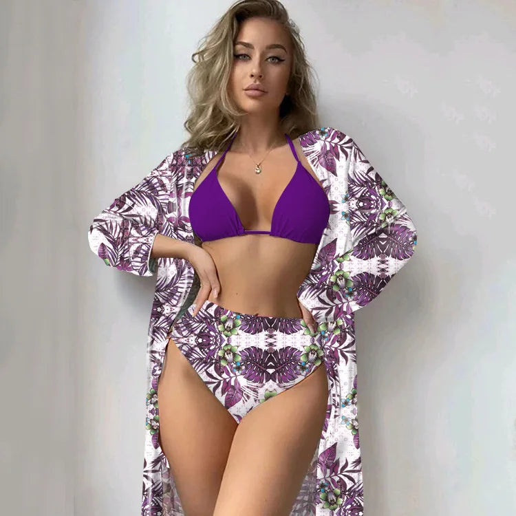 Fashionable Bikini Cover Up Three Piece Set Women Swimsuit Net Shirt High Elasticity Polyester Fabric with Chest Pad Bikinis Set