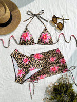 Sexy 3 Pieces Suit Swimwear Women Leopard Print Micro Bikini Set+Gauze Skirt Cover Up Beachwear Backless Lace-up Bathing Suits