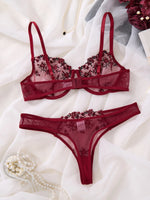 Romantic wine red rose embroidery lingerie set - see-through netting bra - casual erotic women's lingerie ZA824026