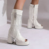 Plus Size Women White Patent Leather Fringe Tassel Mid Calf Boots Peep Toe Platform Block Heel Open Toe Party Club Heels