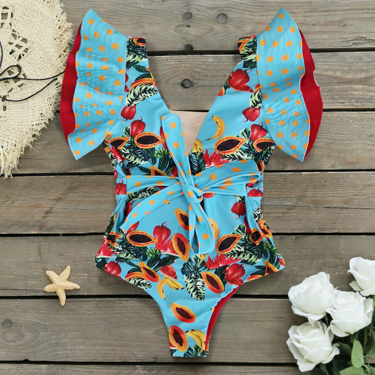Sexy Ruffle Shoulder Swimsuit V-Neck Swimwear Women Backless Push Up Bathing SuitBeach Wear 2024 Female Swimming Suit