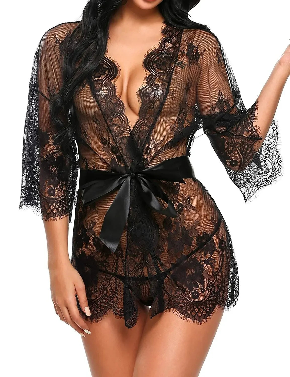 Women Sexy Lingerie Erotic Transparent V-Neck Nightwear Babydoll Robe G-string Costume Kimono Robe Lace Sleepwear Dress