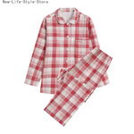 Men Brushed Cotton Vintage Plaid Stripe Pajama Set Lapel Collar Long Sleeve Top Pants Home Sleepwear Loungewear