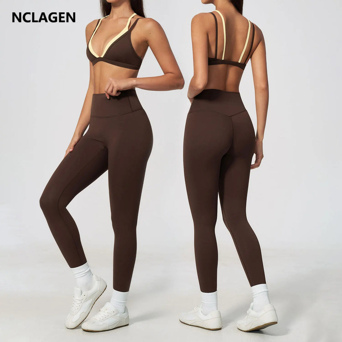 NCLAGEN Women Sportwear Fake 2 Piece Thin Strap Sports Suit Casual Running Bra Pants Workout Outfit Activewear Pilates Yoga Set
