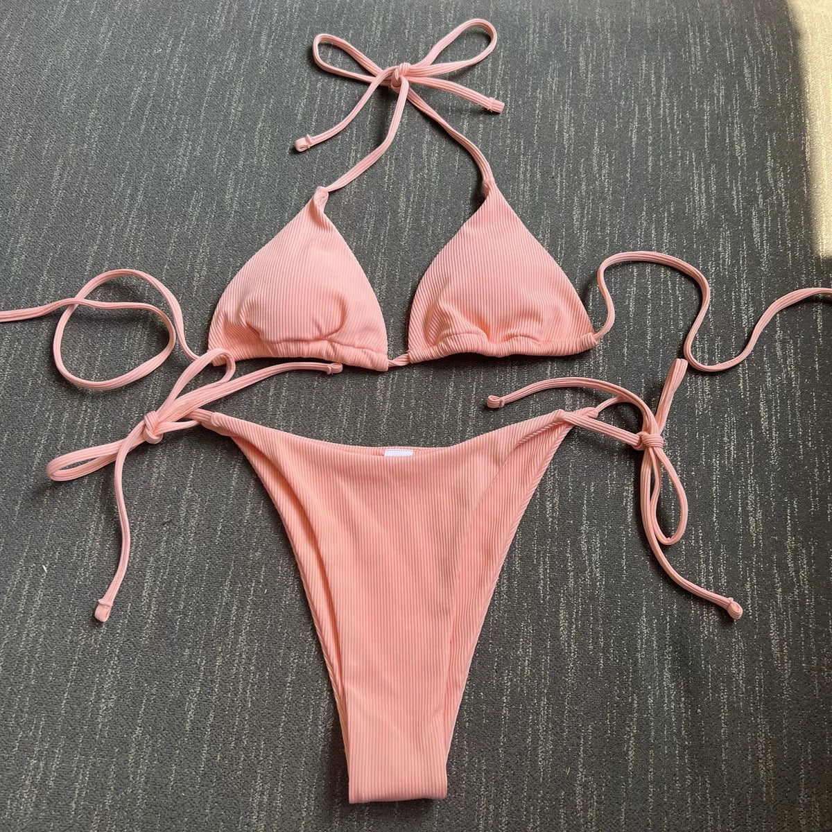DEKA Women's Brazilian Solid Thong Bikini Set Side Halter Tie Swimsuit Ladies Split Strap Adjustable Bandage Lace-up Swimwear