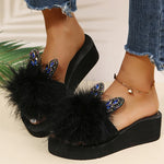 Faux Fur Wedges Slippers for Women Spring Autumn Fashion Crystal Detor Platform Slides Woman Slip On Open Toe Slippers Female