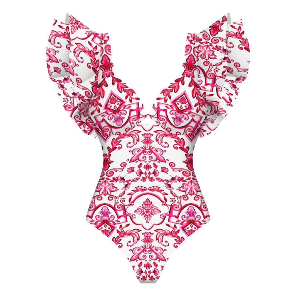 Sexy Ruffle Shoulder Swimsuit V-Neck Swimwear Women Backless Push Up Bathing SuitBeach Wear 2024 Female Swimming Suit