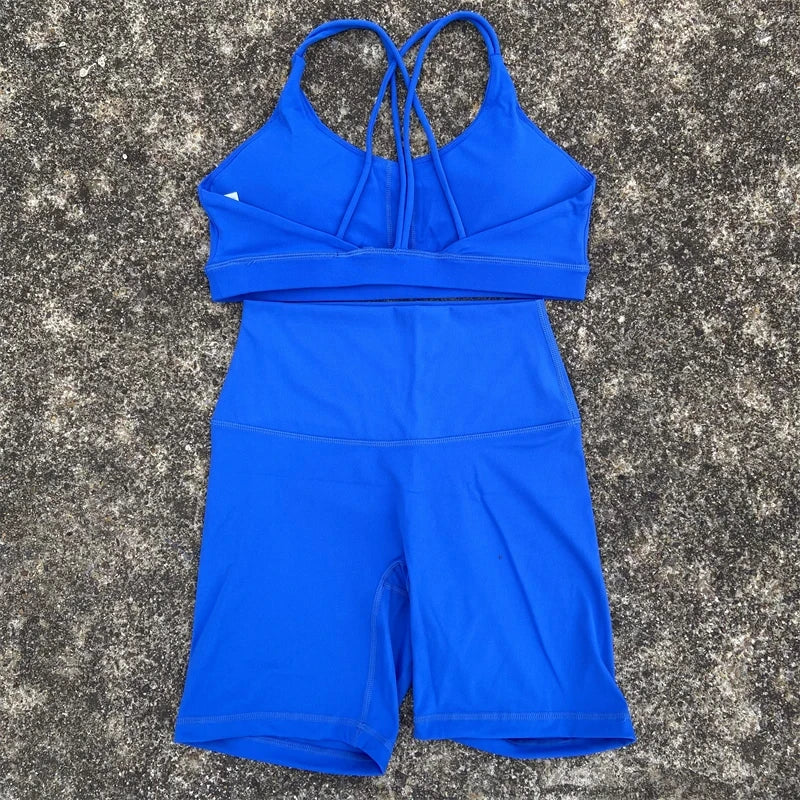 Solid Color Soft Women Gym Yoga Short Cycling Set Cross Back GymBra+High Waist Short Leggings High impact shockproof Sportwear