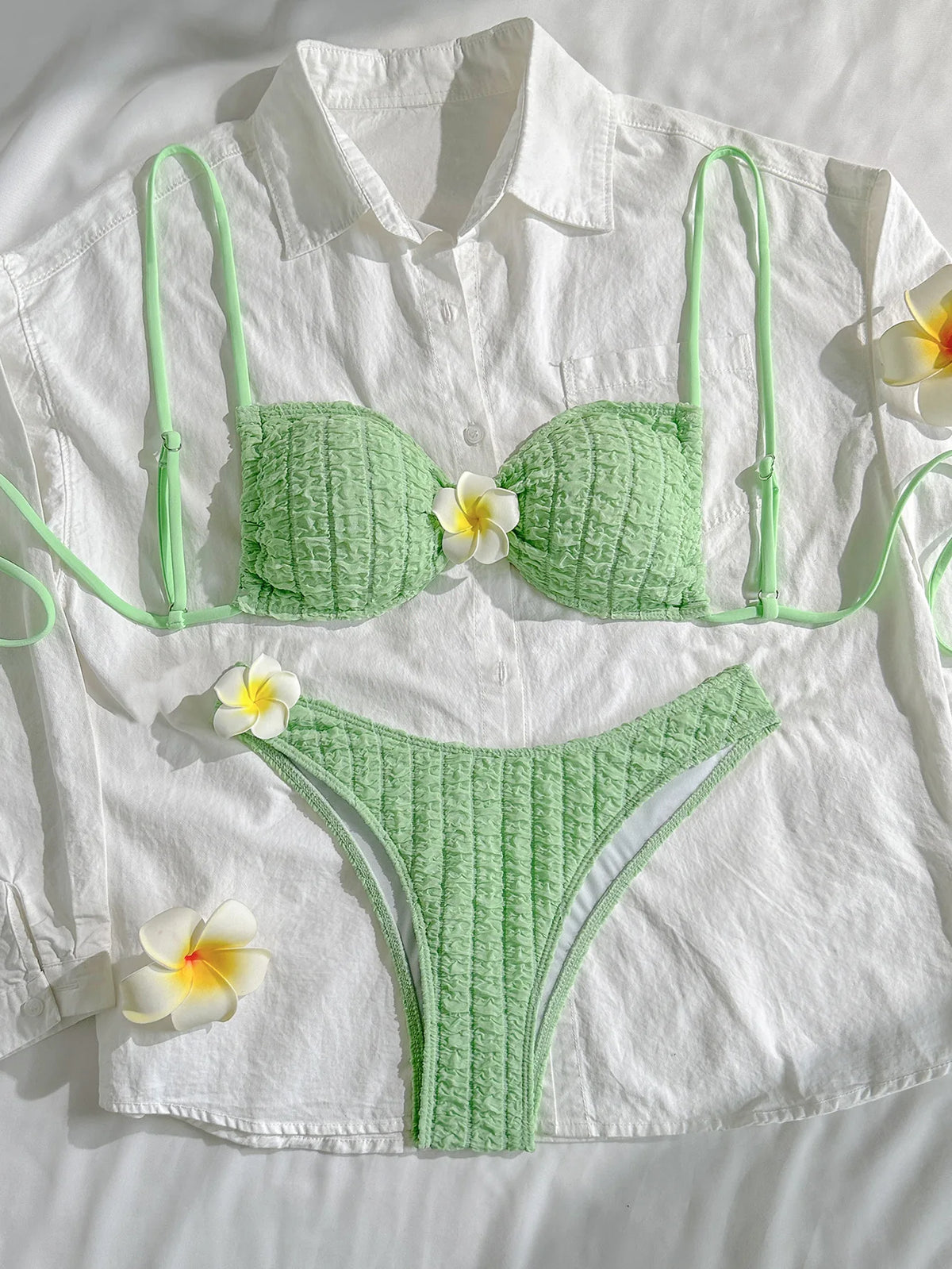 DEKA Tropical 3D Flower Bandeau Bikini Set High Leg Cut Women Swimwear Female Swimsuit Two-pieces Bather Bathing Suit Swim